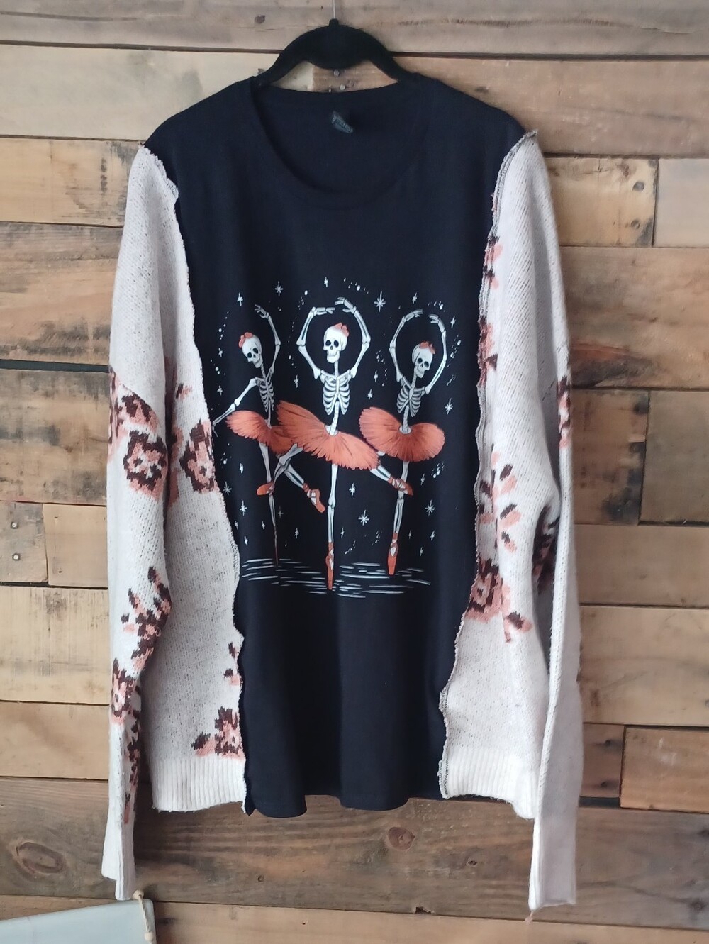 Upcycled Black graphic  Skeleton Ballerina  Long Sweater Sleeves. One Of A Kind